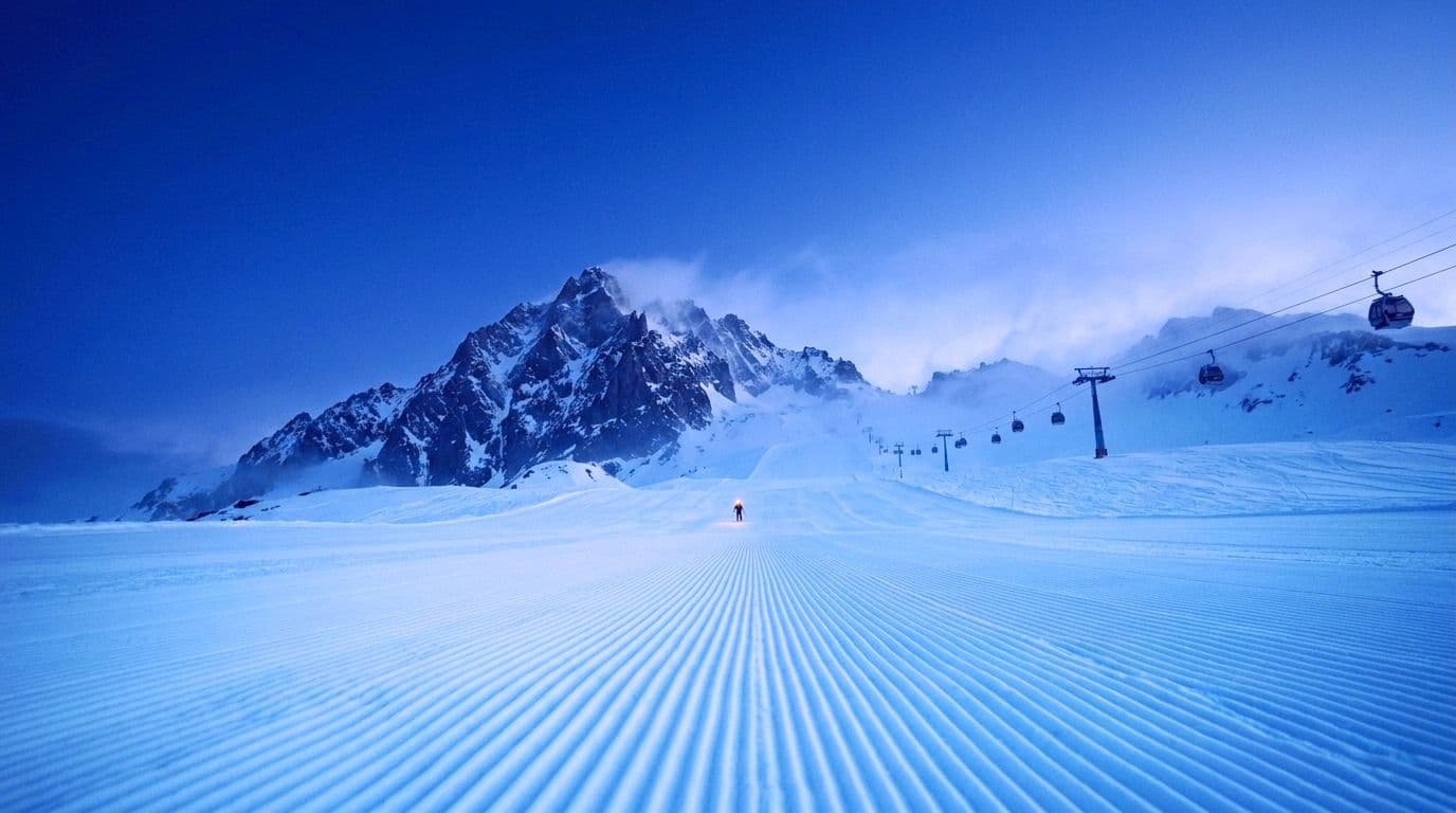 Freshly groomed piste at blue hour beneath jagged peaks and a gondola line